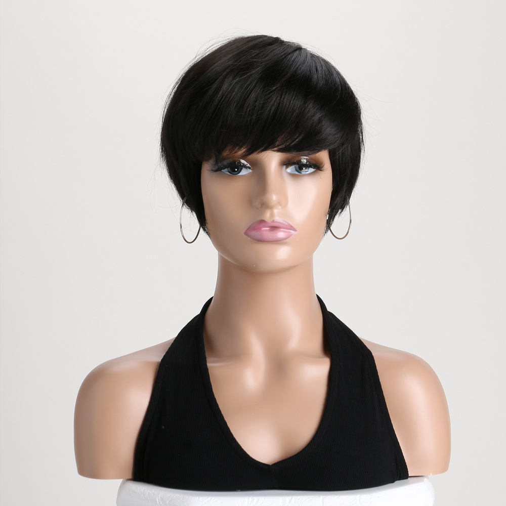 Fashionable short black bob wig with diagonal bangs, includes headgear for easy styling