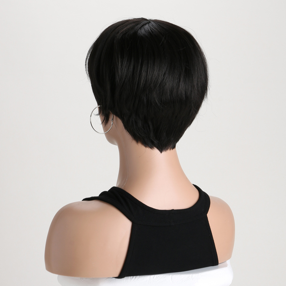 Trendy black bob wig with headgear, includes diagonal bangs and short straight hair