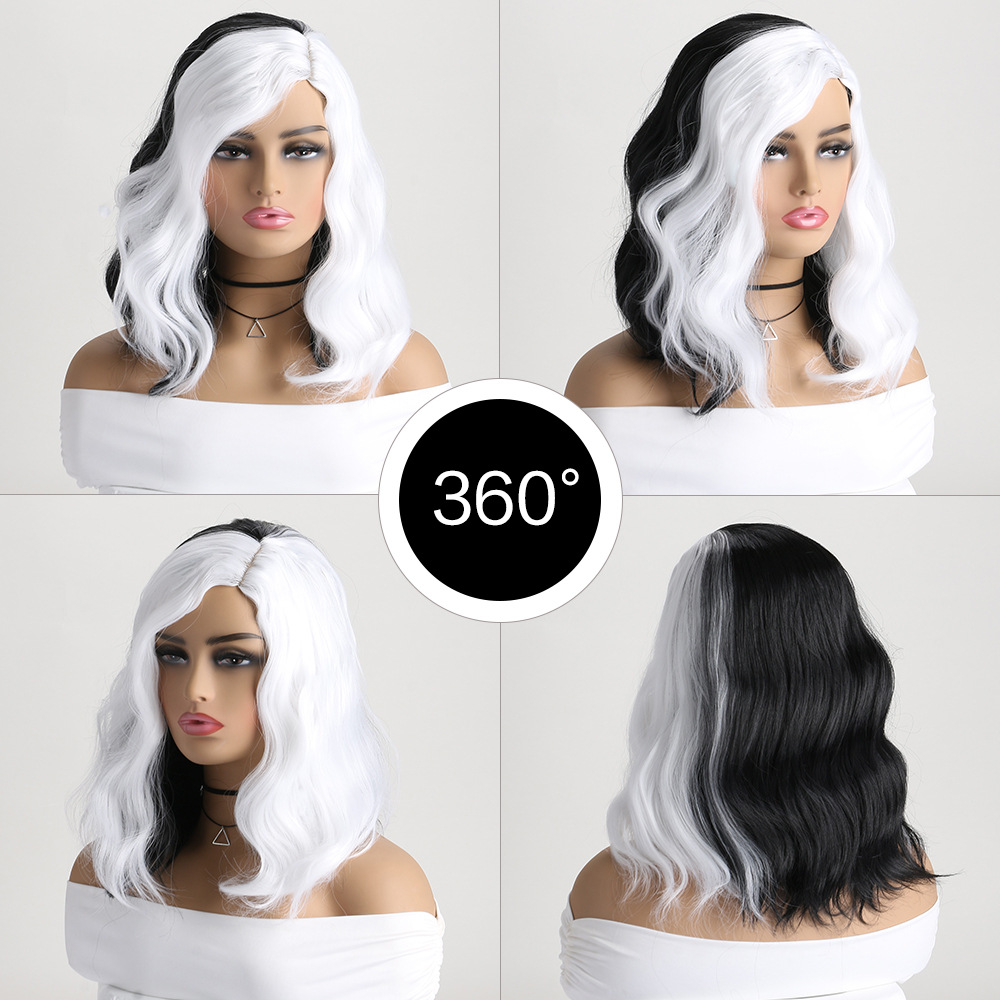 Stylish medium-length wig with curly black and white synthetic hair
