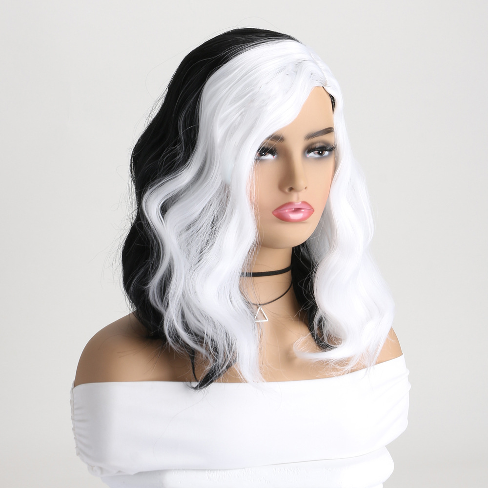Fashionable synthetic wig with black and white curly hair in a medium-length style
