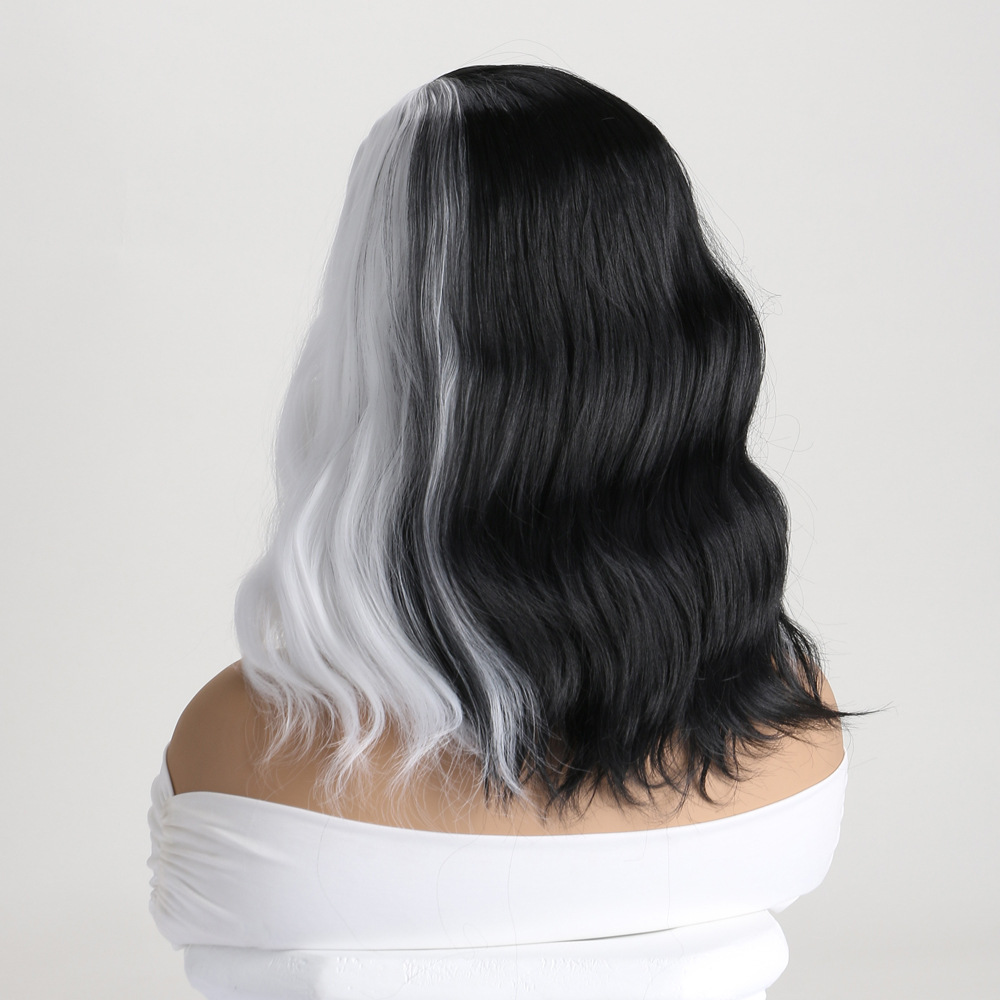 Two-Tone Curly Synthetic Wig - Black and White Medium-Length Hair