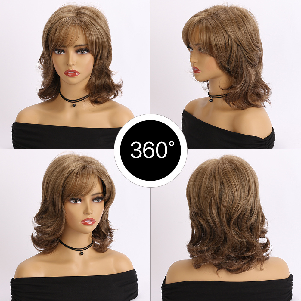 A light brown synthetic wig with short curly loose hair, headgear included for effortless styling
