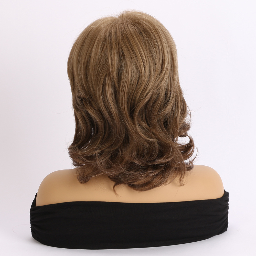 A stylish synthetic wig in light brown with short curly loose hair, includes headgear for added flair