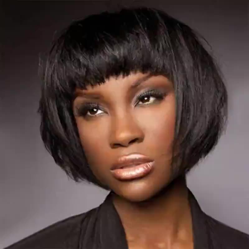 Stylish black bob synthetic wig with bangs, featuring short straight hair
