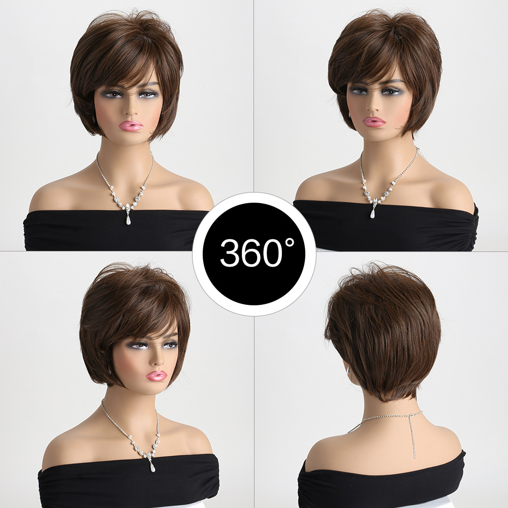Stylish brown synthetic wig featuring short straight hair with wig headgear