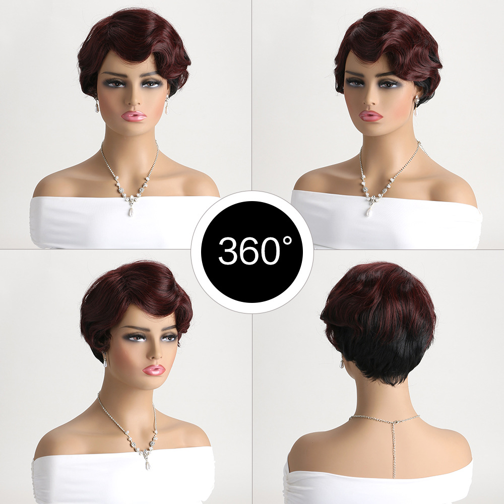 mage of a synthetic wig designed for women's fashion, featuring short curls with a multi-colored design