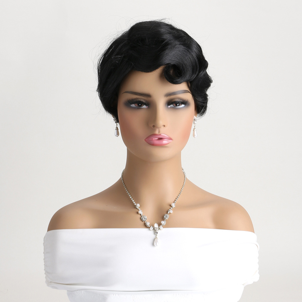 A synthetic wig designed for women, featuring a vintage short curly hair style in a multi-colored design
