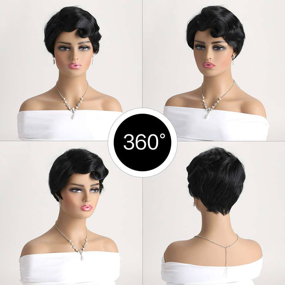 A women's fashion synthetic wig featuring a vintage short curly hair style in a multi-colored design