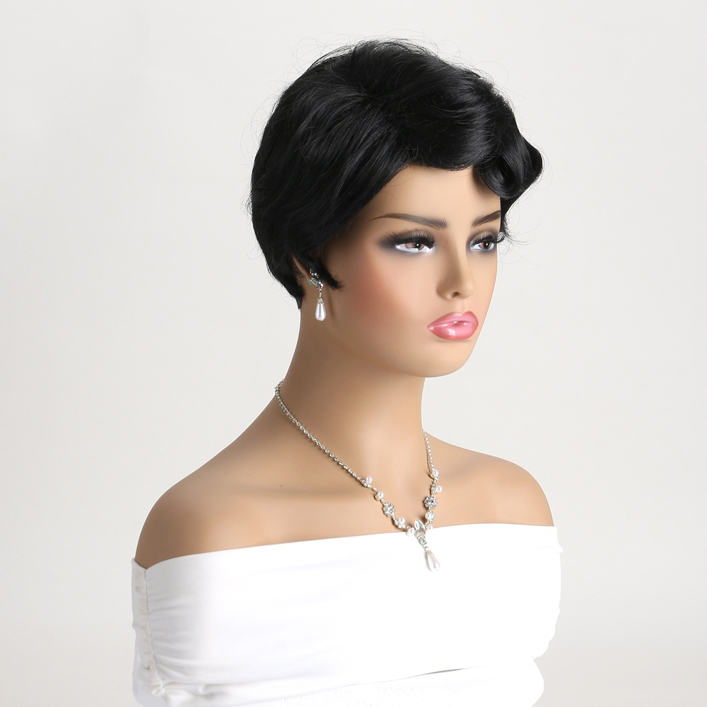 A fashionable synthetic wig for women, featuring a vintage short curly hair style with a multi-colored design