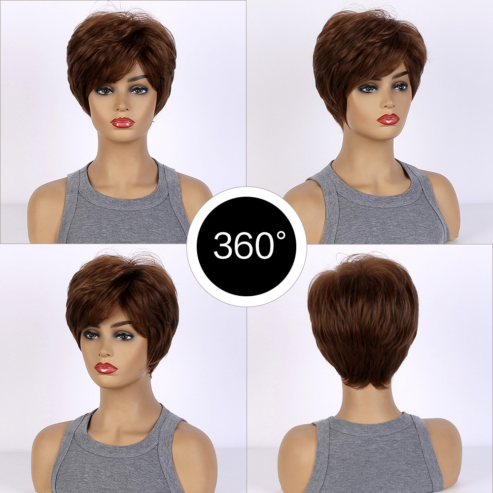 Image of a synthetic wig designed for women's fashion, featuring fluffy diagonal bangs, black brown highlights, and short curly hair, suitable as headgear.