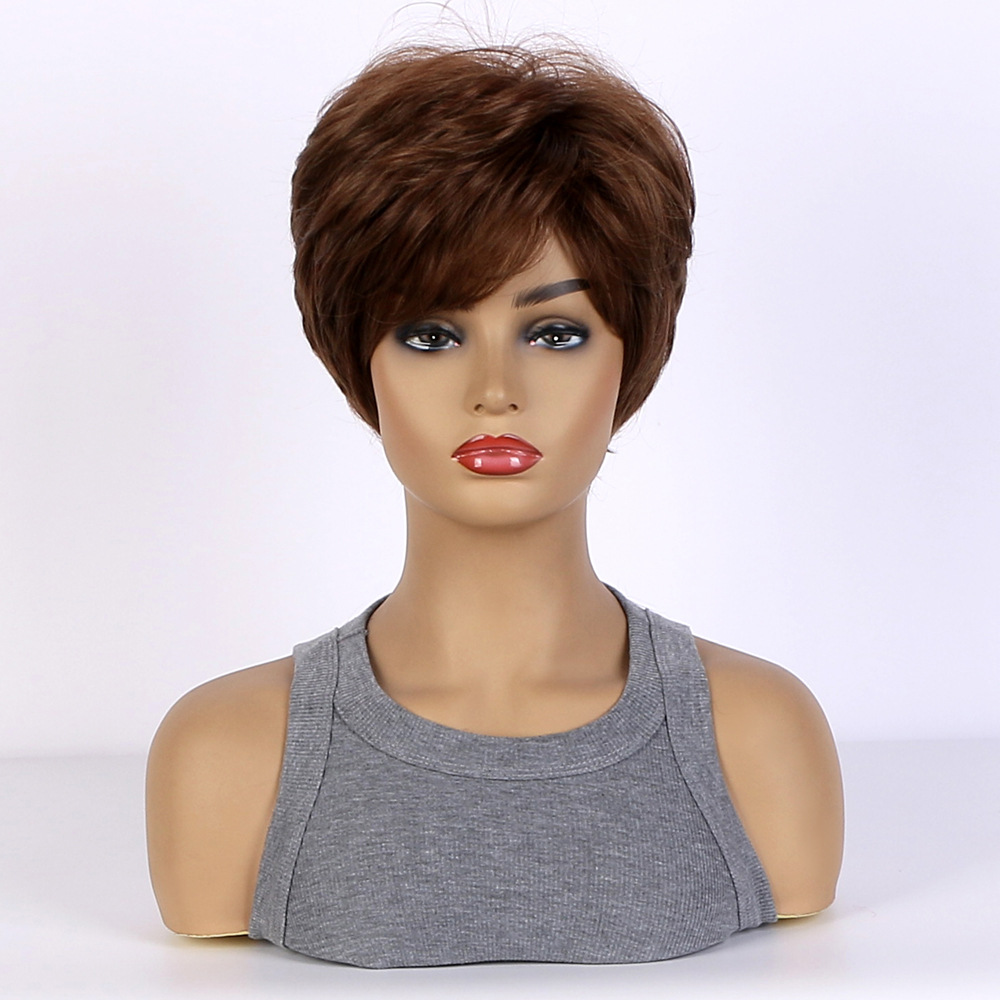 A stylish synthetic wig for women featuring fluffy diagonal bangs, black brown highlights, and short curly hair