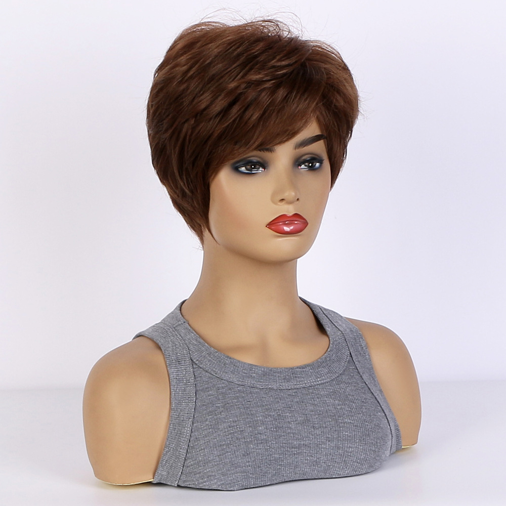 mage of a synthetic wig designed for women's fashion, showcasing fluffy diagonal bangs, black brown highlights, and short curly hair