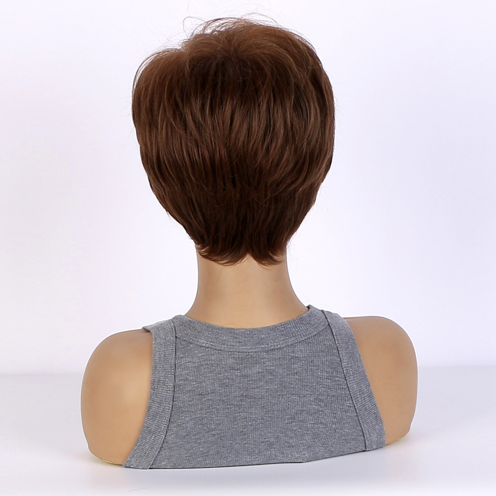 A fashionable synthetic wig headgear for women featuring fluffy diagonal bangs, black brown highlights, and short curly hair.