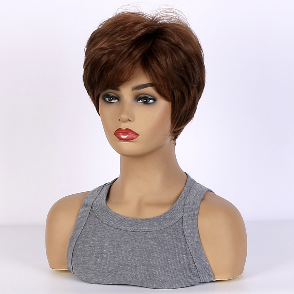 A synthetic wig with fluffy diagonal bangs, black brown highlights, and short curly hair, designed as fashionable headgear for women
