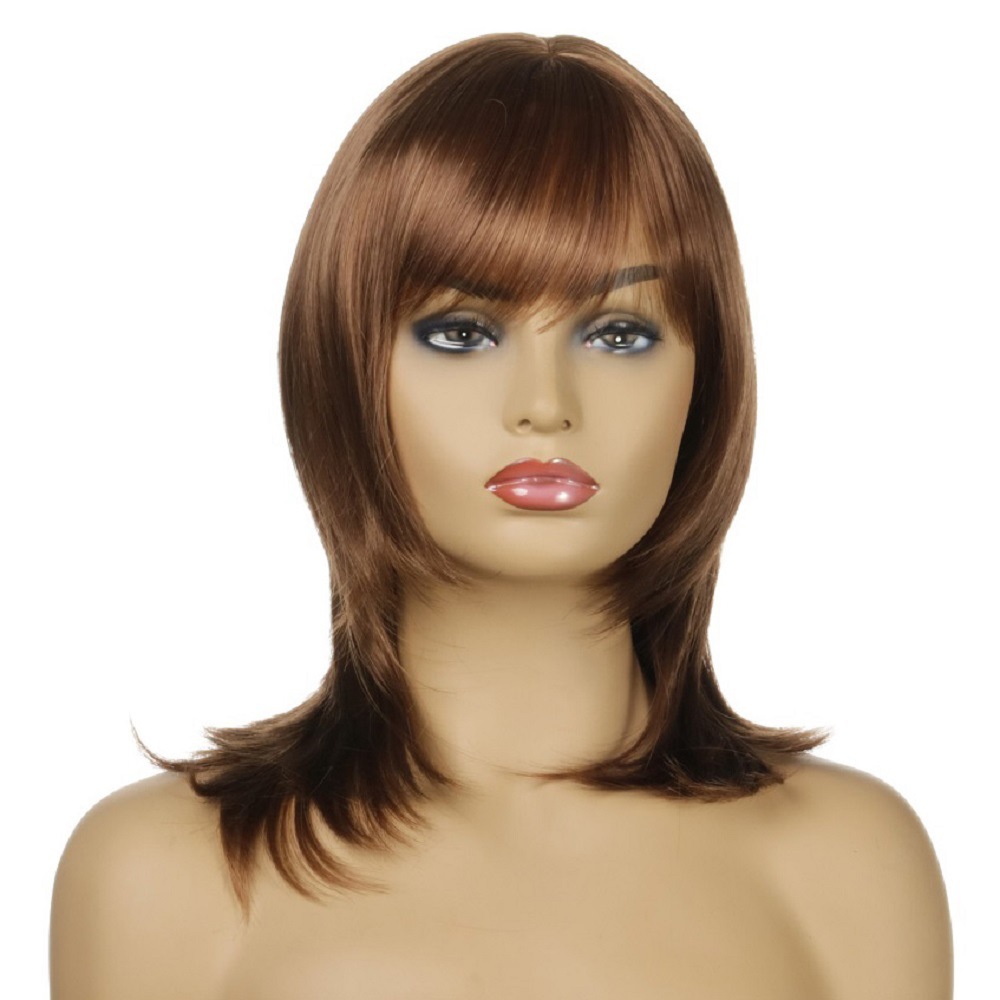 Fashionable brown synthetic wig with medium-length straight hair and bangs, perfect for women