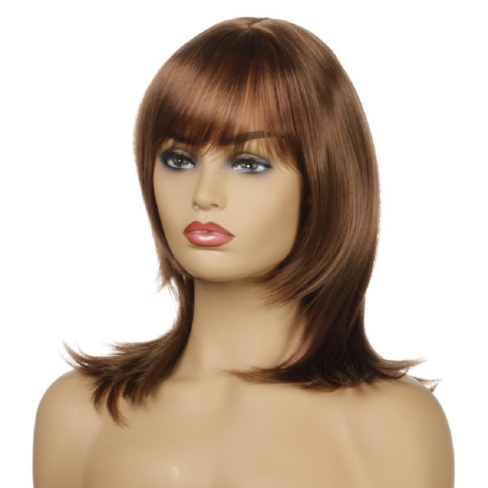 Chic brown synthetic wig with medium-length straight hair and bangs, designed for a stylish look