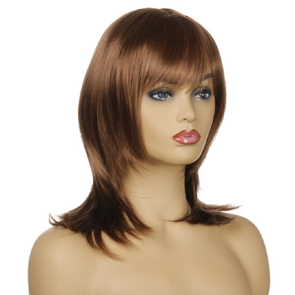 Stylish brown synthetic wig featuring medium-length straight hair with bangs, designed for women