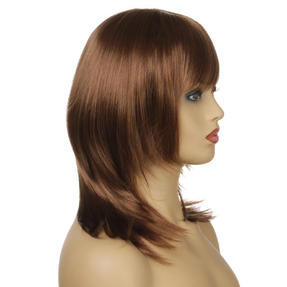 Stylish brown synthetic wig featuring medium-length straight hair and bangs, designed for women