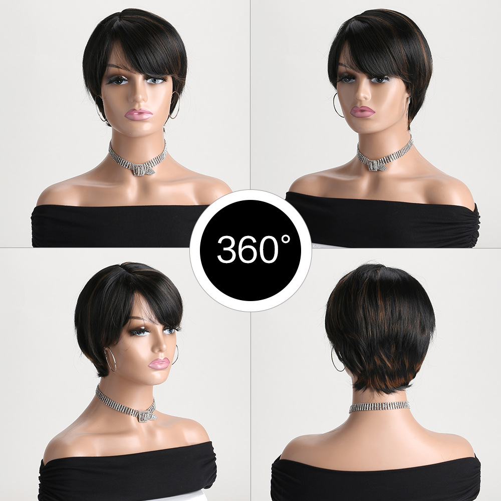 Chic black highlight synthetic wig with realistic short straight hair and diagonal bangs