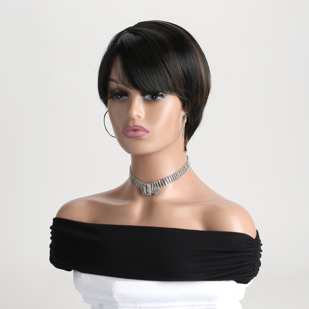 Fashionable short straight hair synthetic wig in black highlight, featuring natural diagonal bangs