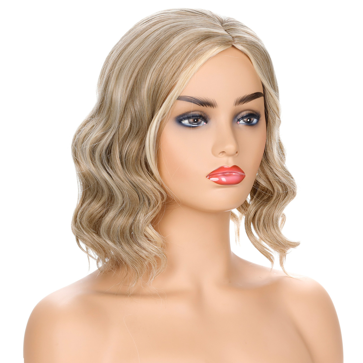 Fashionable blonde fashion synthetic wig with wavy curly hair and mid-part, perfect for women