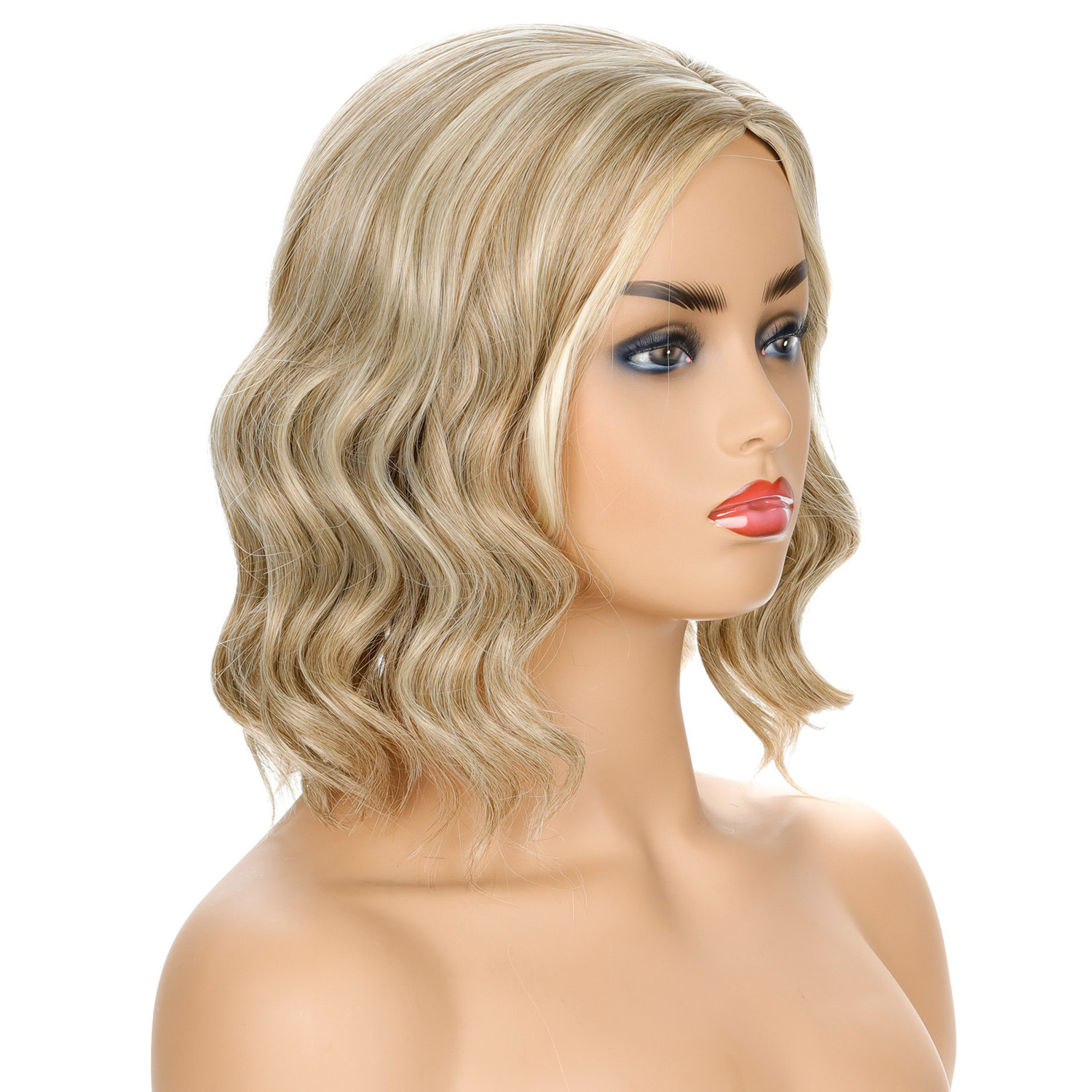 Chic blonde fashion synthetic wig with wavy curly hair and mid-part, designed for a stylish look