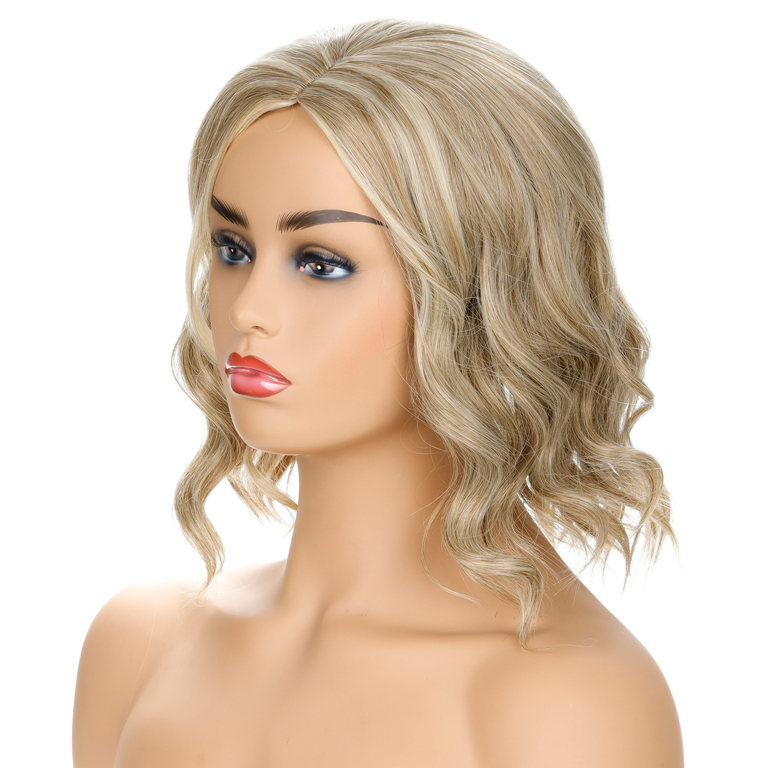 Women's wig in blonde fashion synthetic hair with wavy curly hair and mid-part, a classic choice