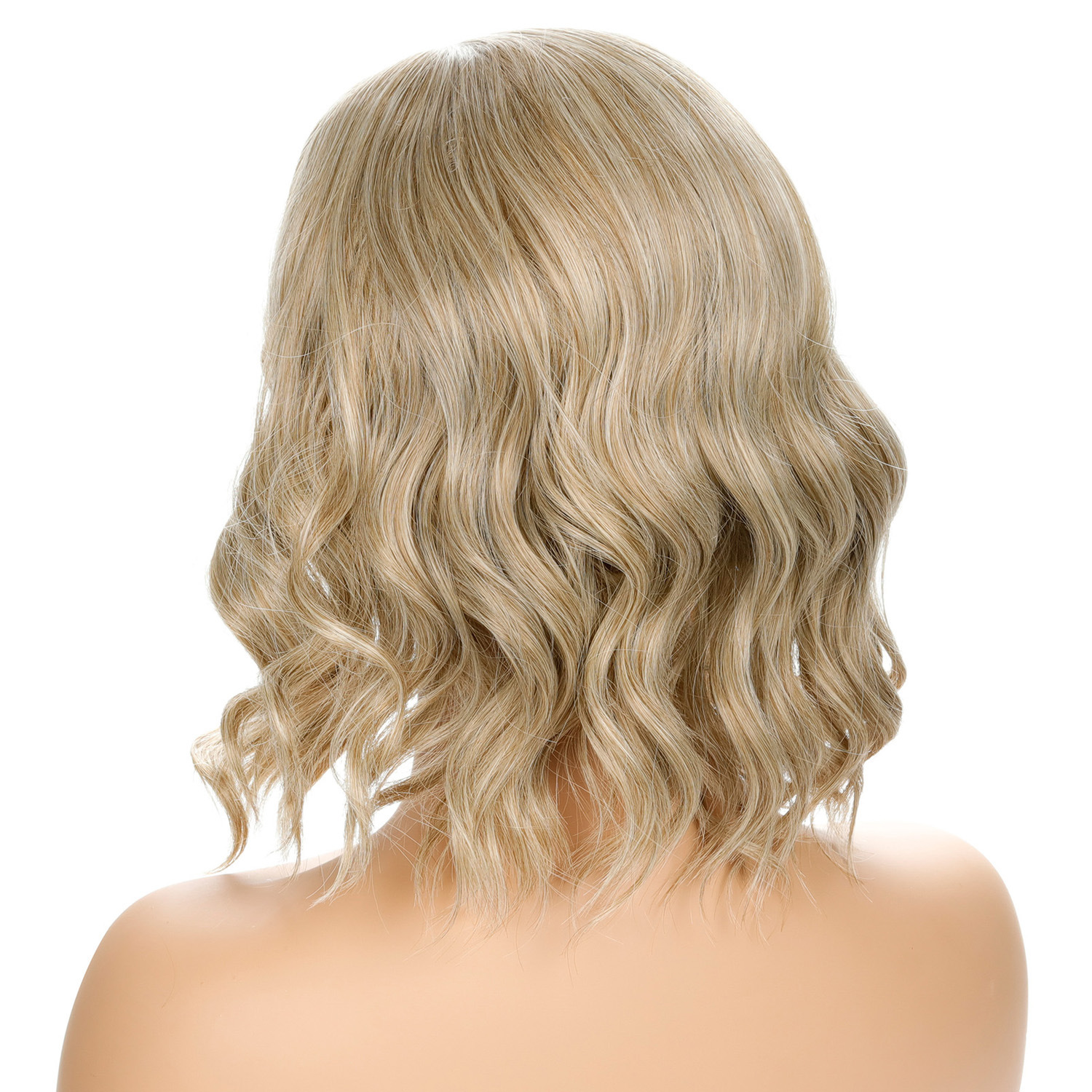 Stylish blonde fashion synthetic wig featuring wavy curly hair and mid-part, designed for women
