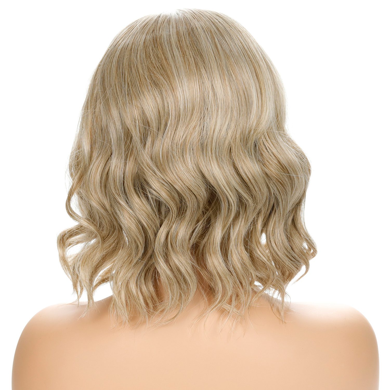 Fashionable blonde fashion synthetic wig designed for women, featuring wavy curly hair and mid-part