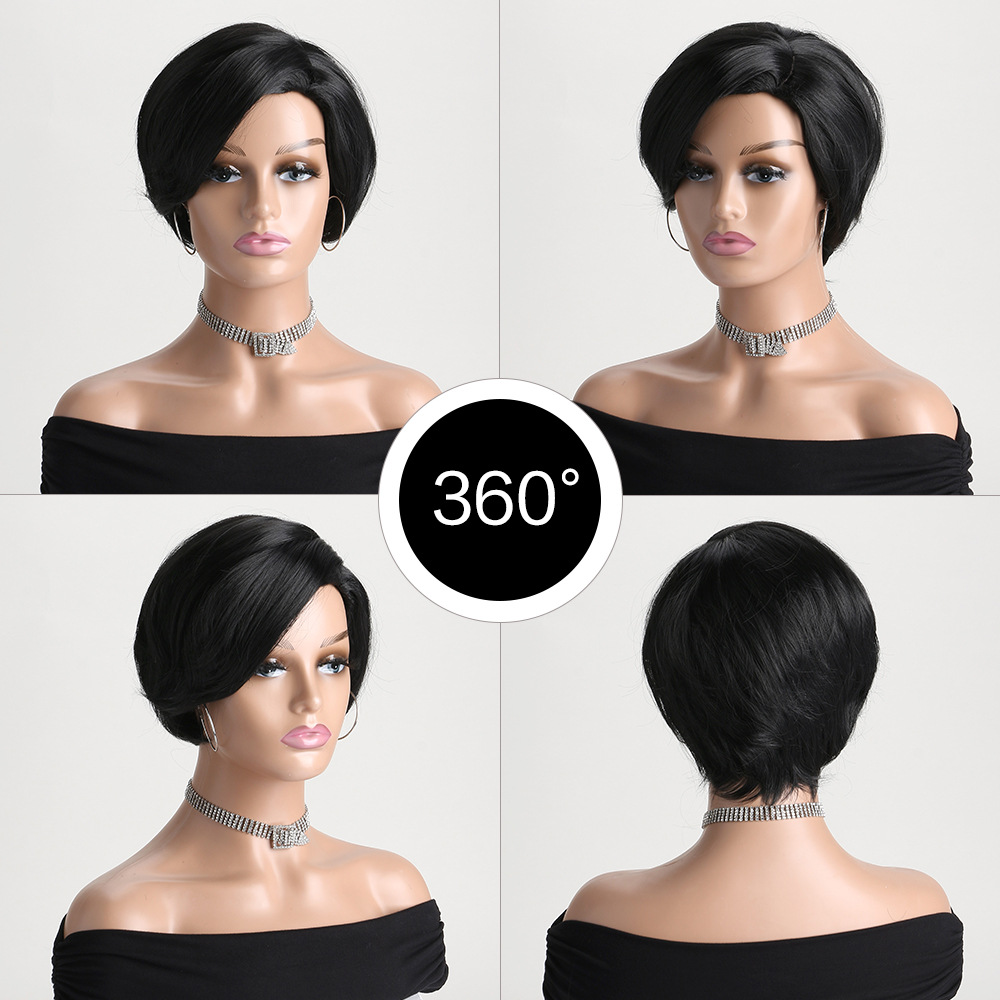 Stylish black synthetic wig featuring short straight hair, designed for women