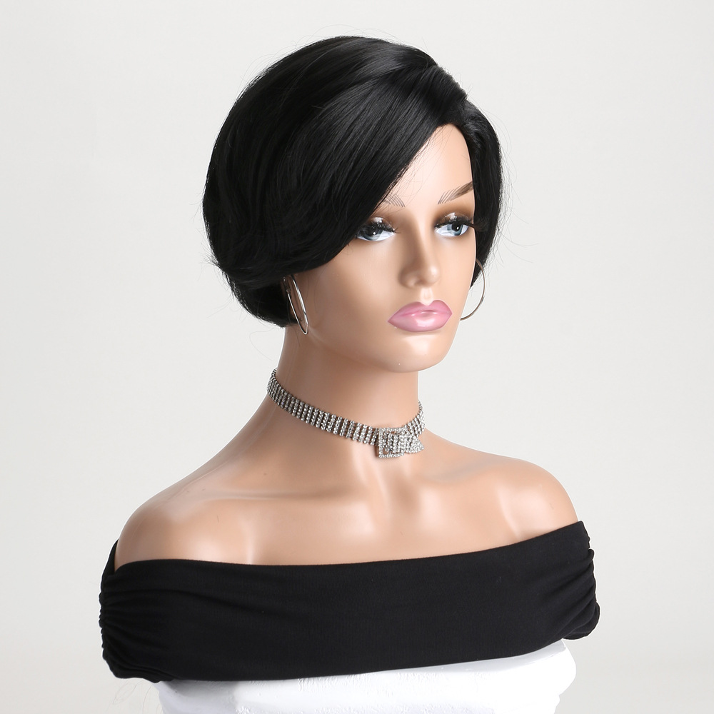 Fashionable black synthetic wig with short straight hair, perfect for women