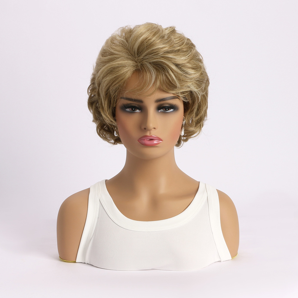 Image of a synthetic wig designed as women's headgear, showcasing light blonde small curly hair for a stylish look