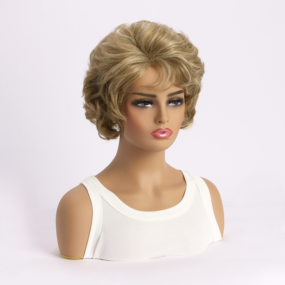 A fashionable women's small curly wig headgear, featuring light blonde short curly hair for a trendy appearance