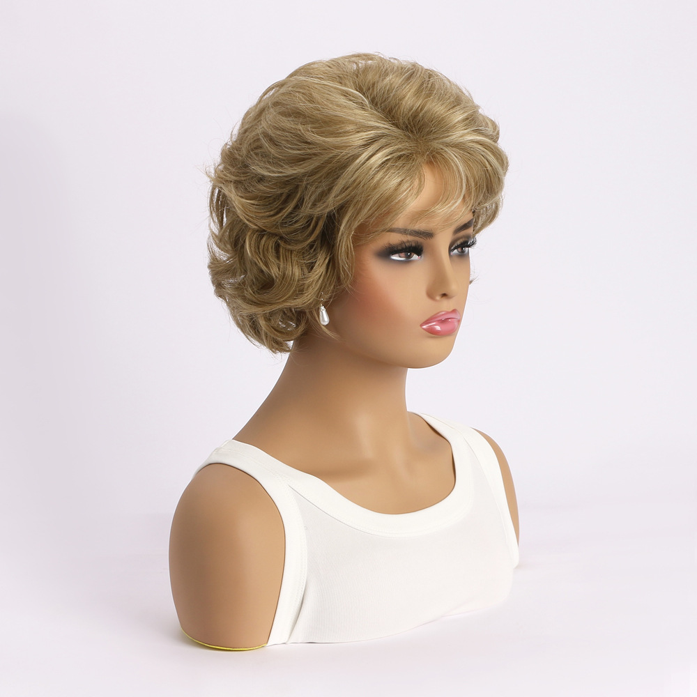 A synthetic wig headpiece for women, showcasing light blonde short curly hair in a small curly style