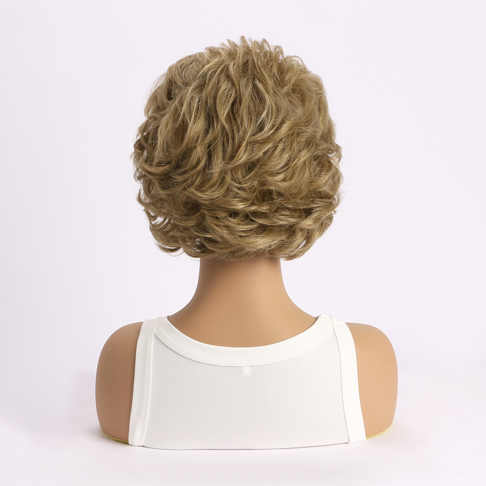 Image of a synthetic wig designed for women's fashion, featuring light blonde small curly hair, suitable as wig headgear