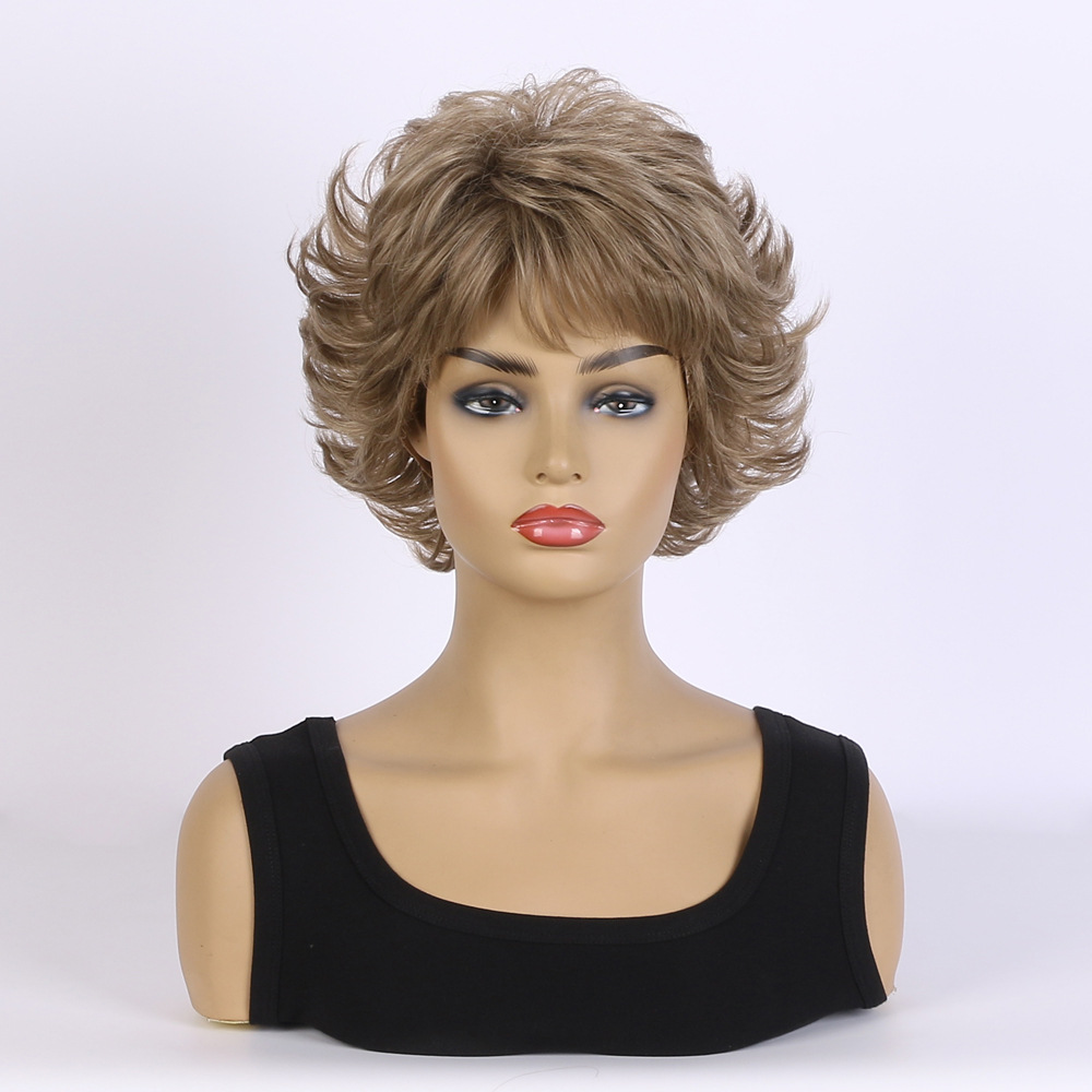 Image of a synthetic wig styled as a stylish headpiece, showcasing light blonde small curly hair for women