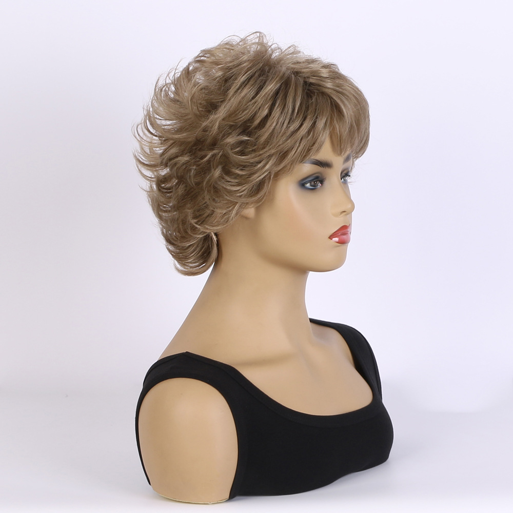 An elegant headgear option for women, this synthetic wig features light blonde small curly hair for a sophisticated look