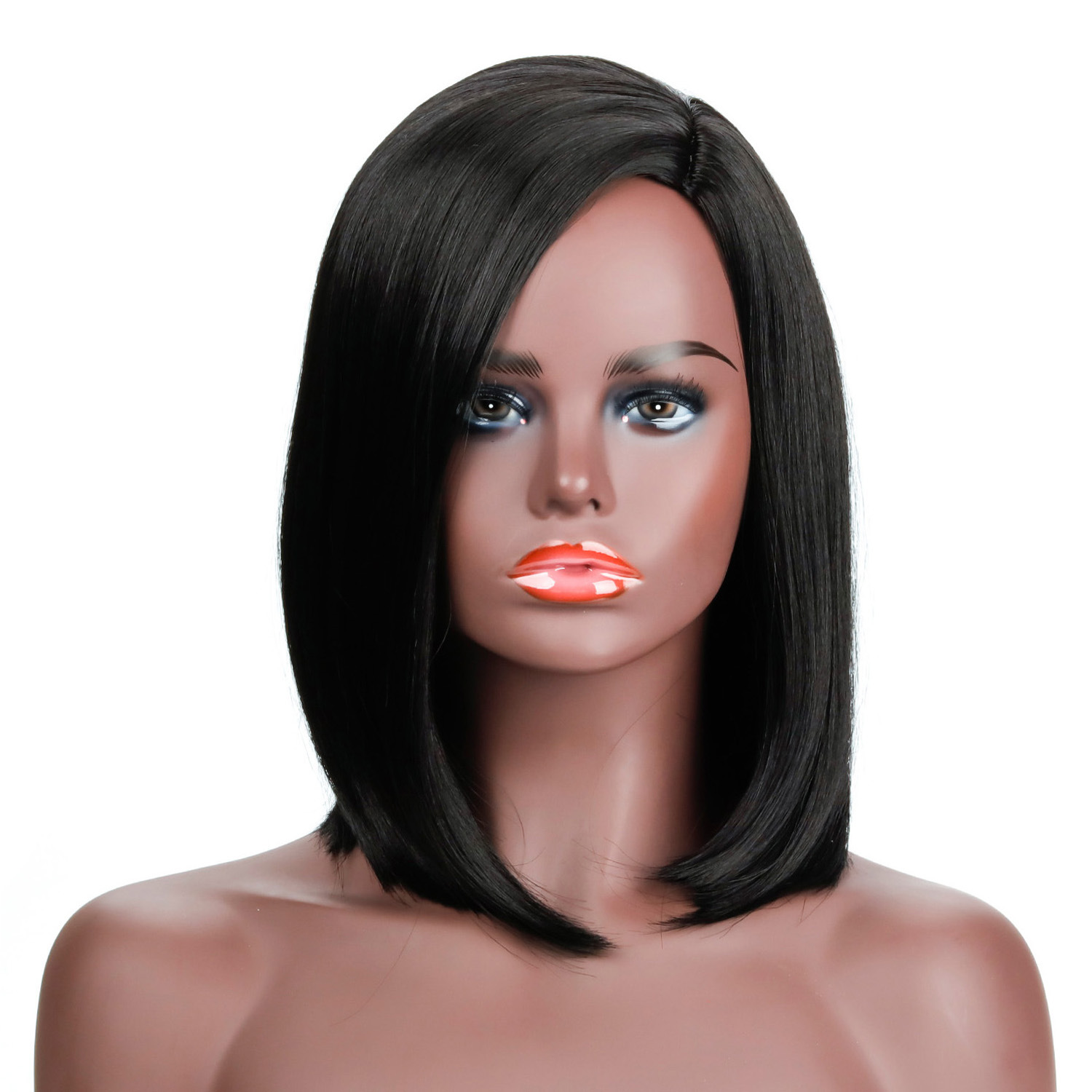 A stylish synthetic wig for women with straight black hair of medium length, perfect for a fashionable look