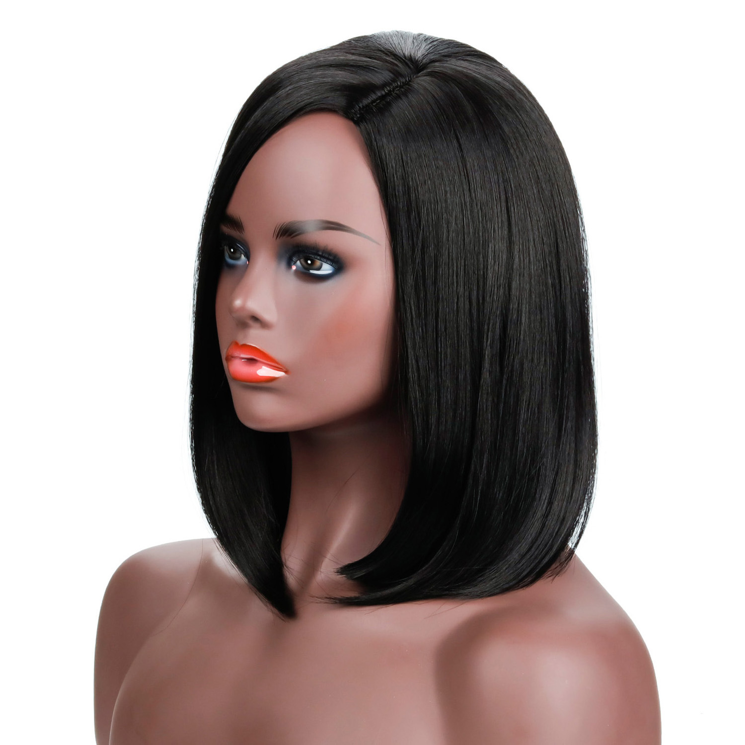 Image of a synthetic wig featuring women's fashion black straight hair of medium length, ideal for a trendy style