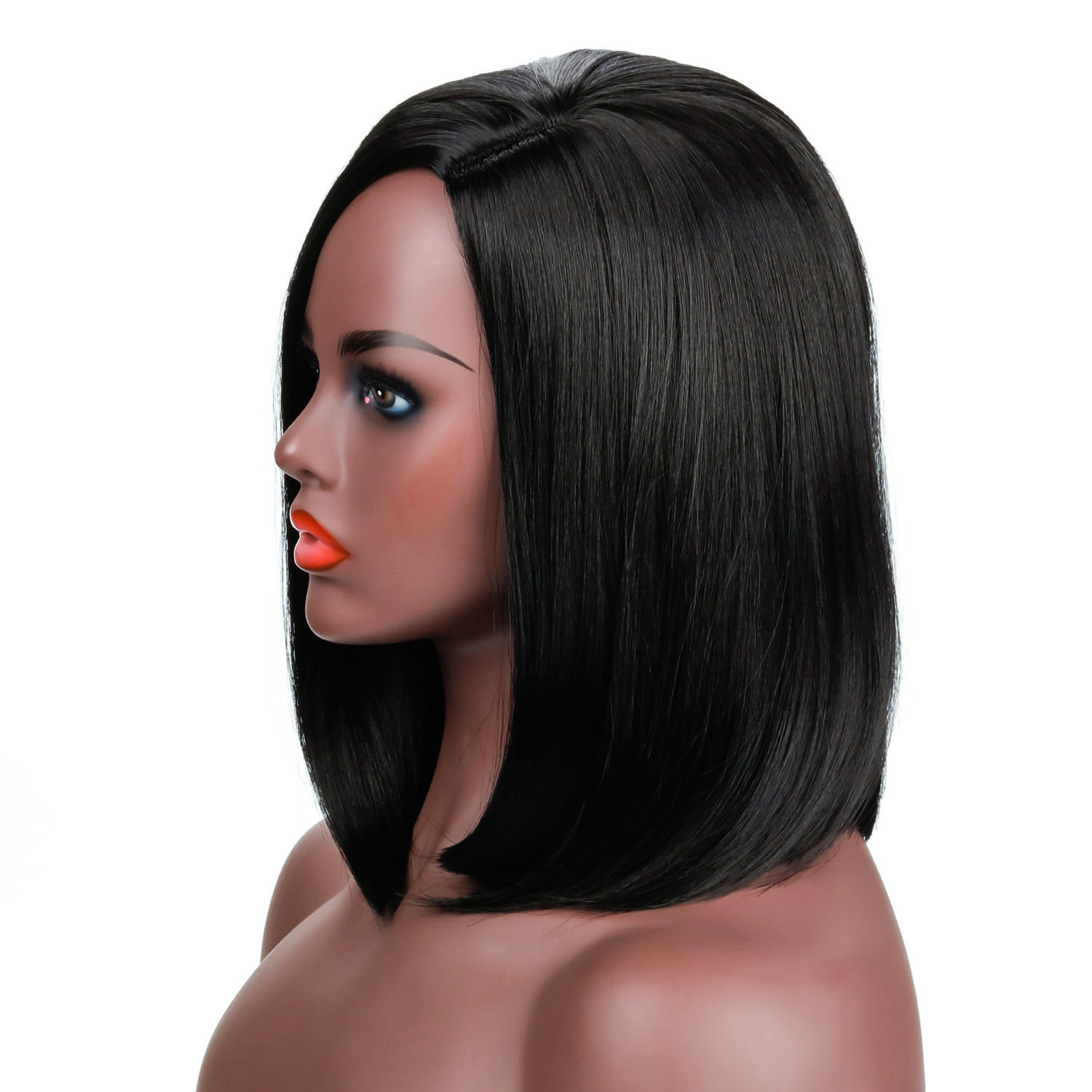 A fashionable synthetic wig designed for women, showcasing black straight hair of medium length