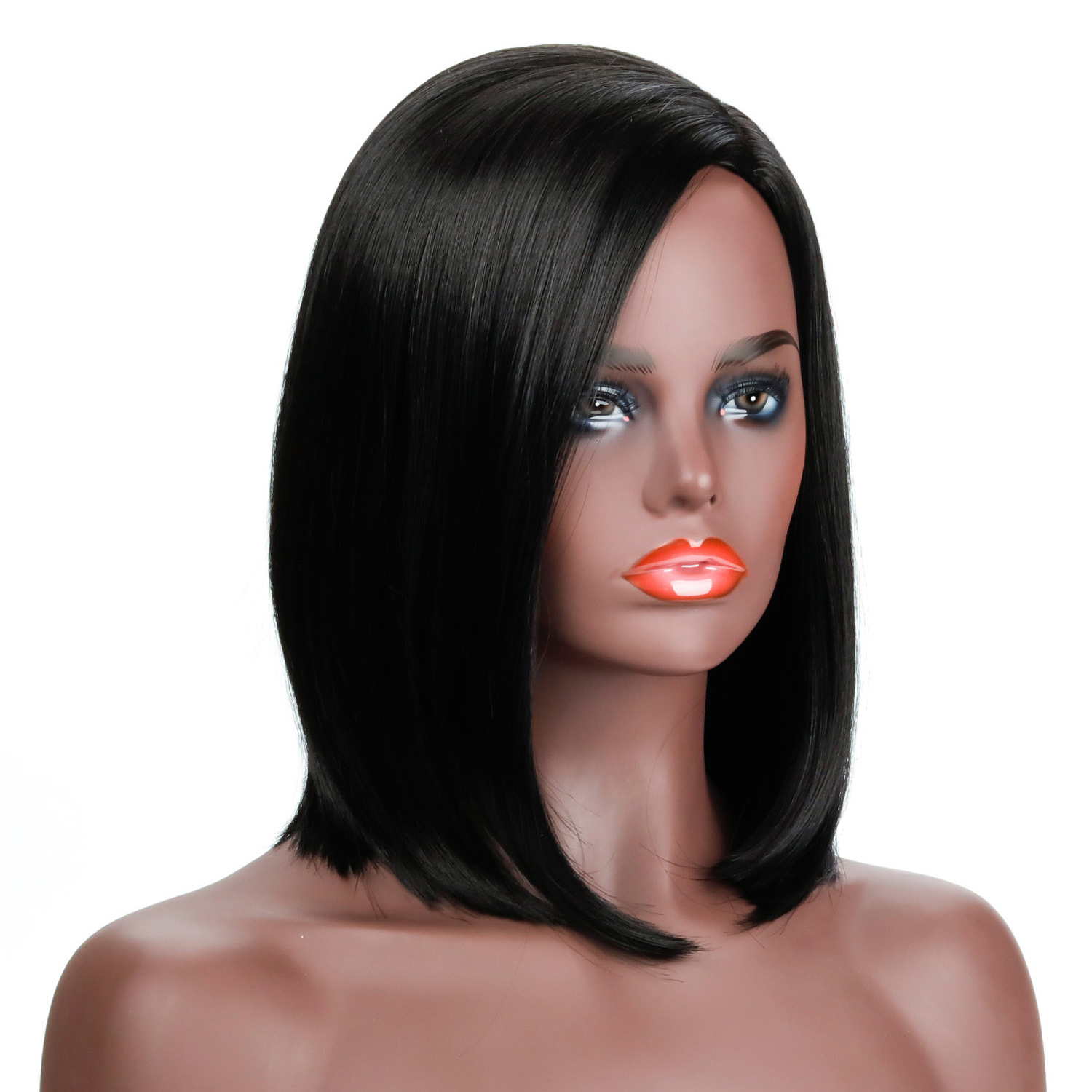 A synthetic wig with black straight hair of medium length, tailored for women's fashion and style