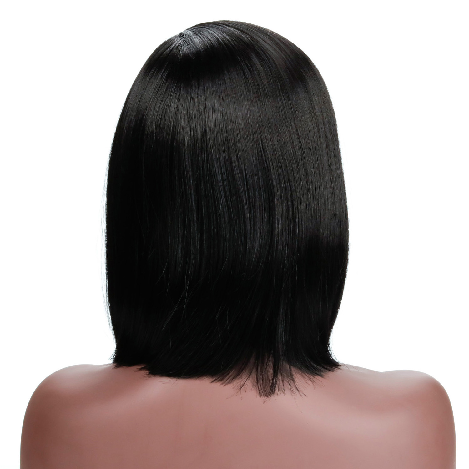 Image of a synthetic wig designed for women's fashion, featuring black straight hair of medium length