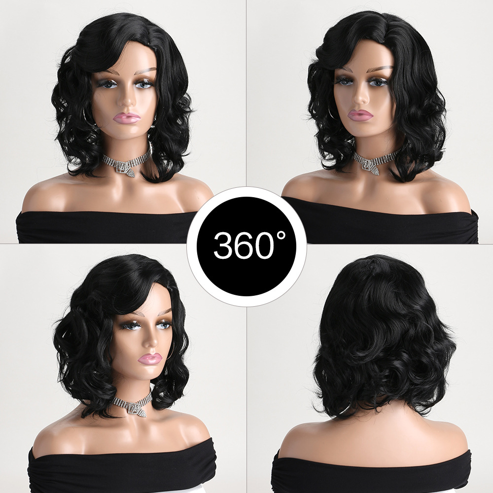 Chic black synthetic wig featuring short curly hair and loose wavy hair, a perfect wig for women