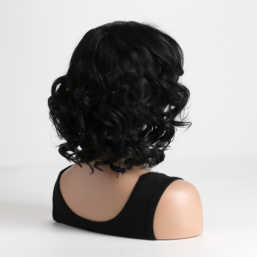 tylish black synthetic wig featuring short curly hair and loose wavy hair, designed for women