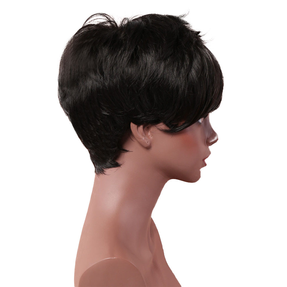 Chic black synthetic wig with short curly hair, designed with small curly wig headgear