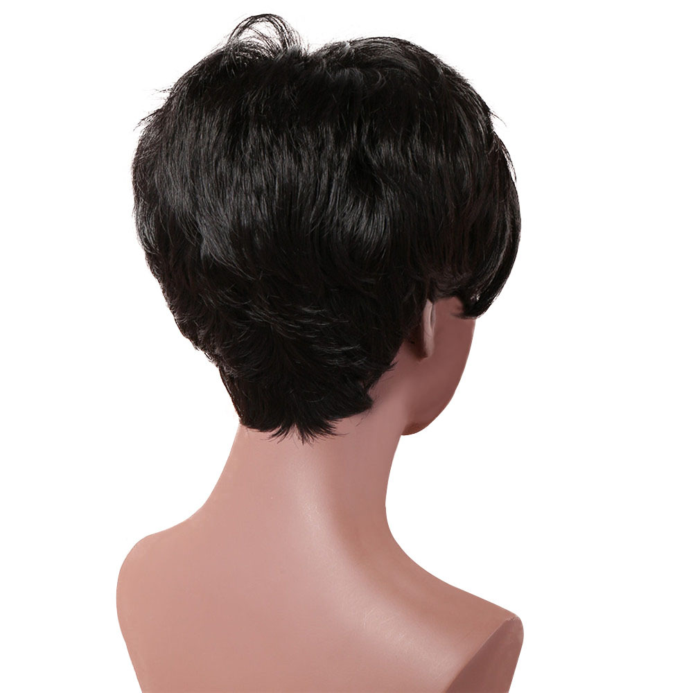 Fashionable short curly hair synthetic wig in black, with small curly wig headgear