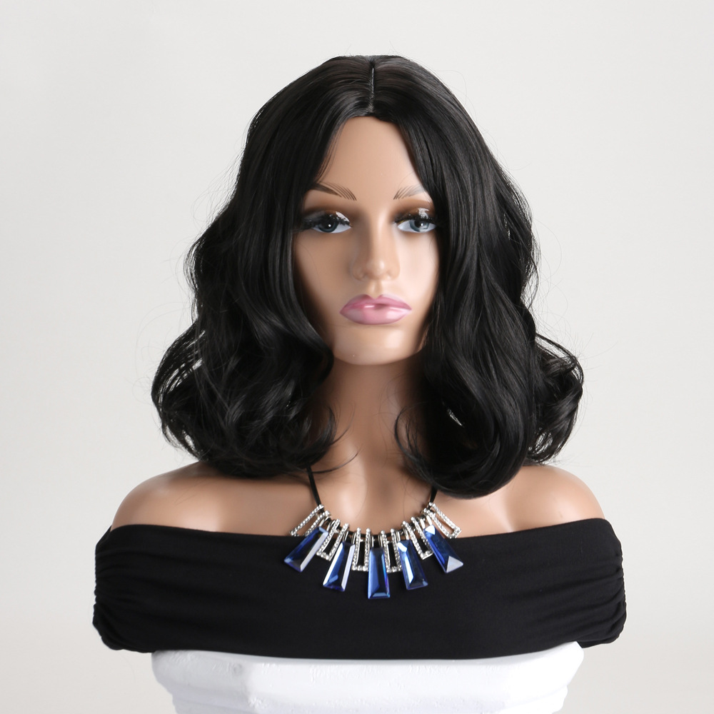 Stylish black fashion synthetic wig featuring medium-length curly hair with small curly wig headgear
