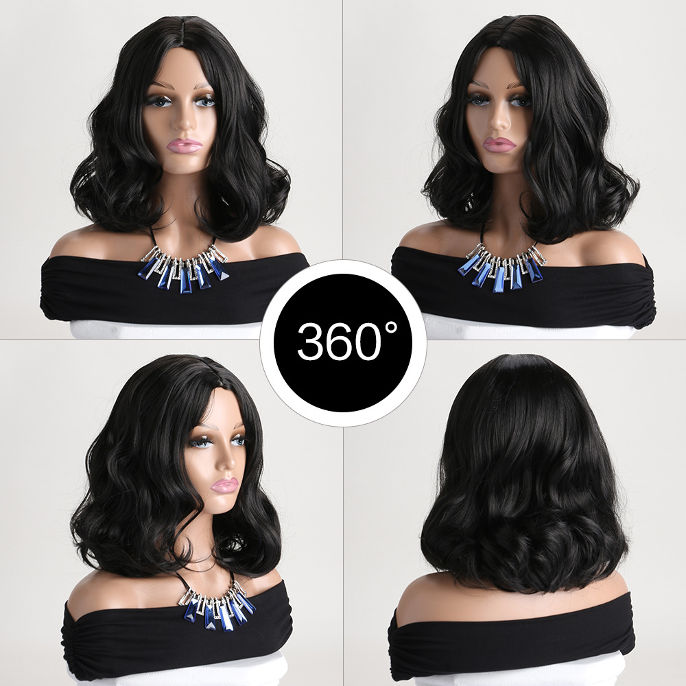 Stylish black fashion synthetic wig with medium-length curly hair, includes small curly wig headgear