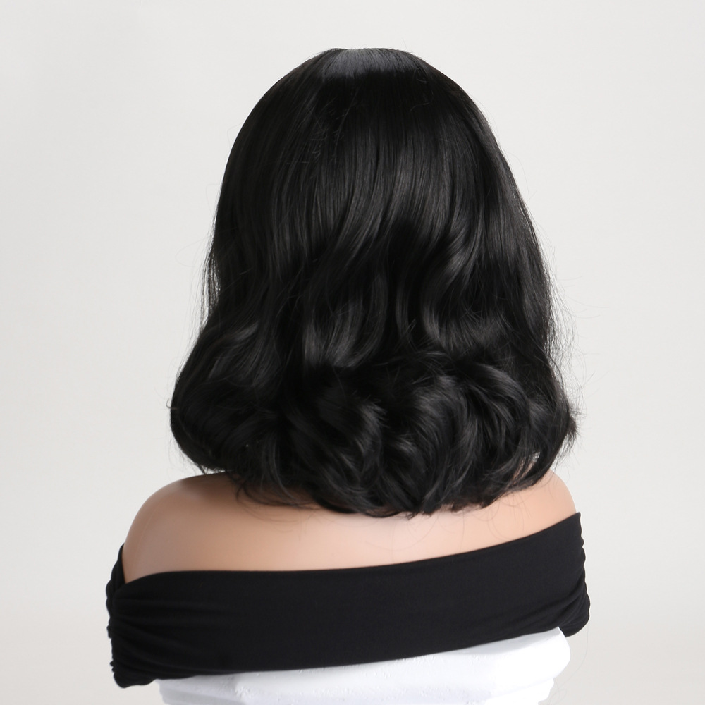 Chic black fashion synthetic wig with medium-length curly hair, includes small curly wig headgear for styling