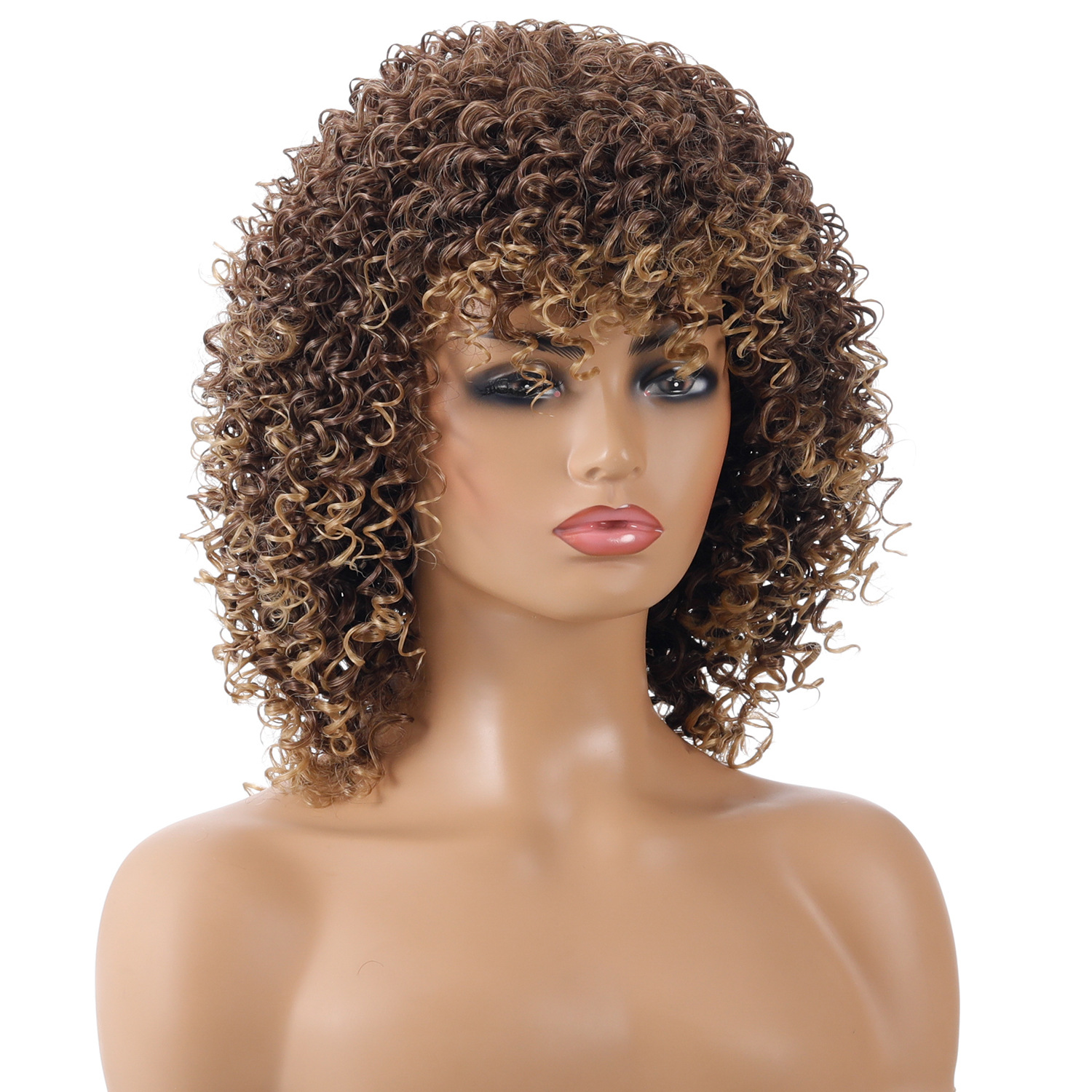 A synthetic wig featuring vibrant multicolor small curly hair